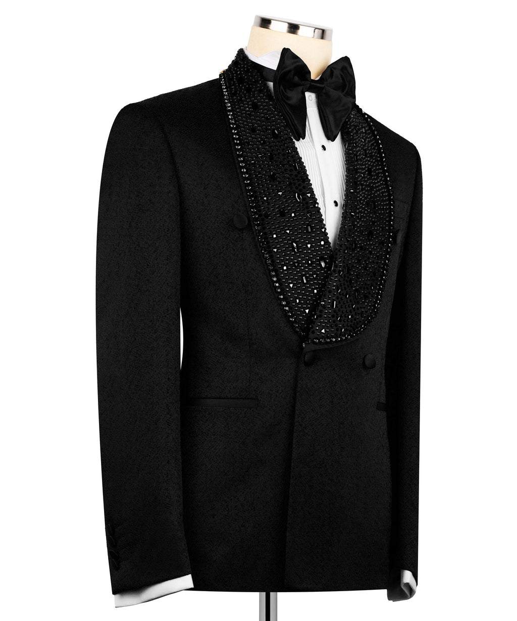 Black tuxedo coat with textured lapels, satin bow tie, double-breasted buttons