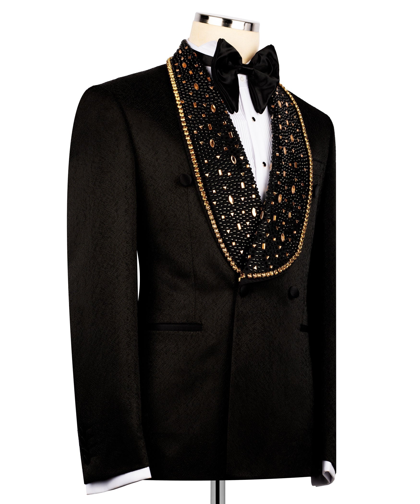 Black tuxedo jacket with gold beaded stone embroidery on lapels and placket