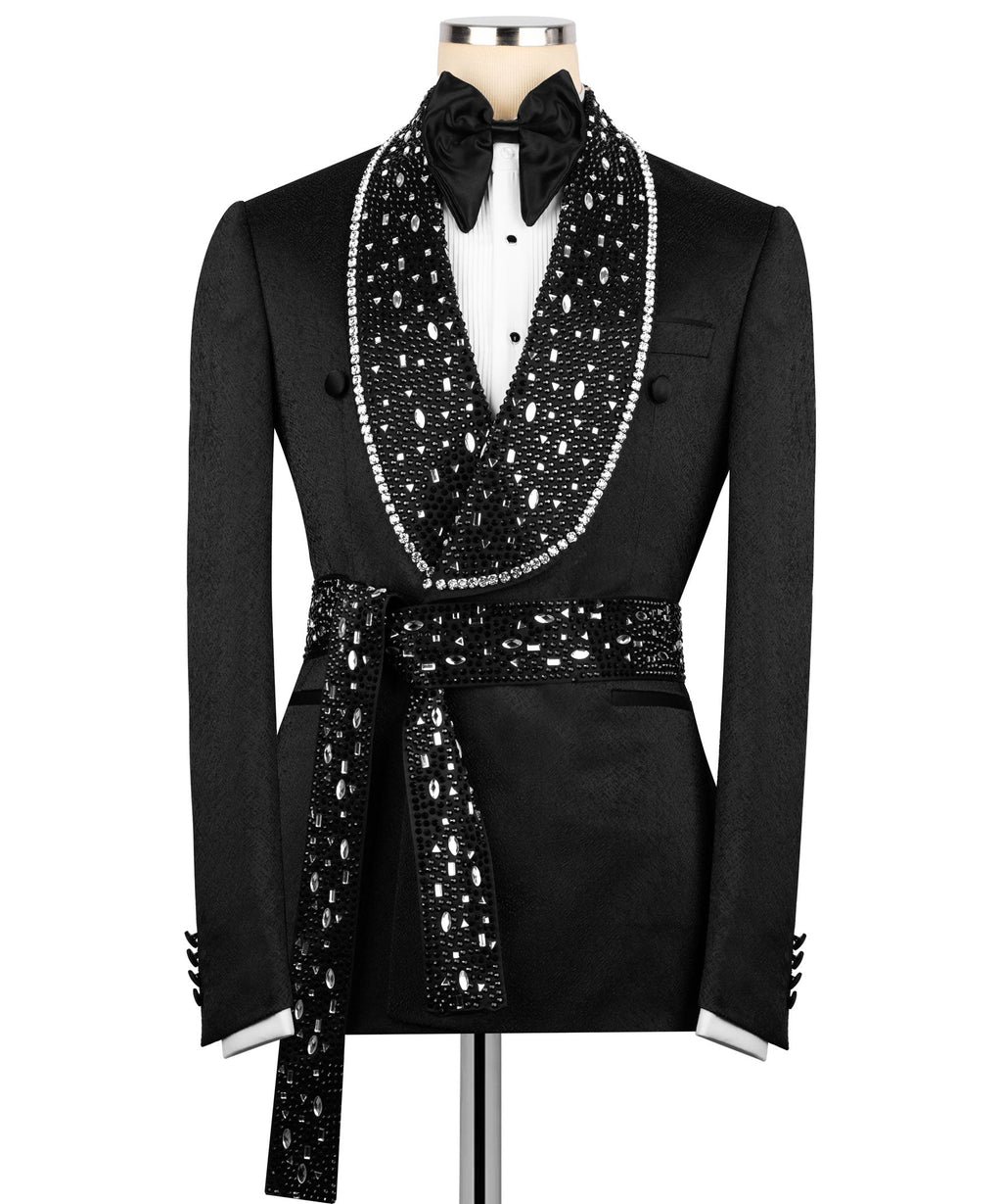 Black tuxedo jacket with stone-embroidered shawl lapels and rhinestone trim