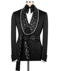 Black tuxedo jacket with stone-embroidered shawl lapels and rhinestone trim