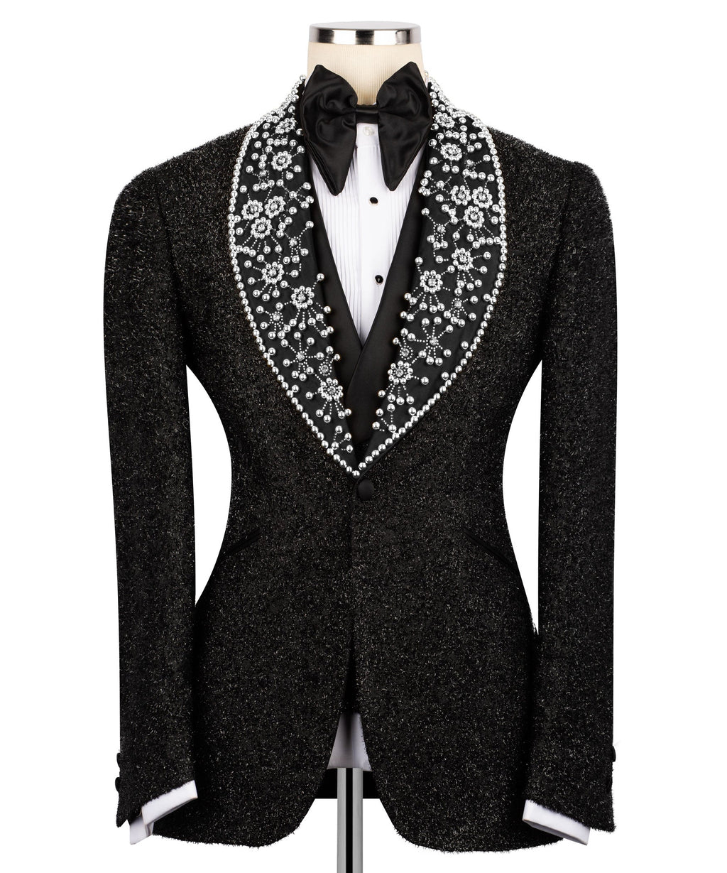 Black tuxedo jacket with sparkling crystal lapel detailing, satin bow tie, white shirt