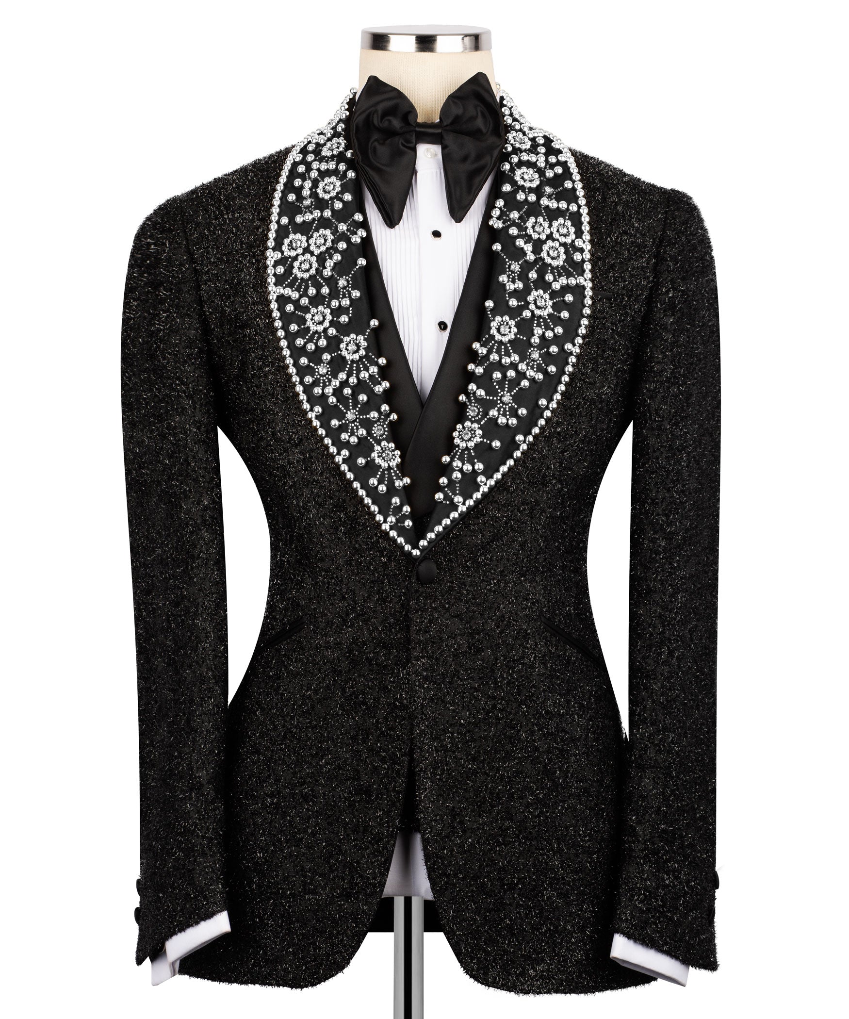 Black tuxedo jacket with sparkling crystal lapel detailing, satin bow tie, white shirt