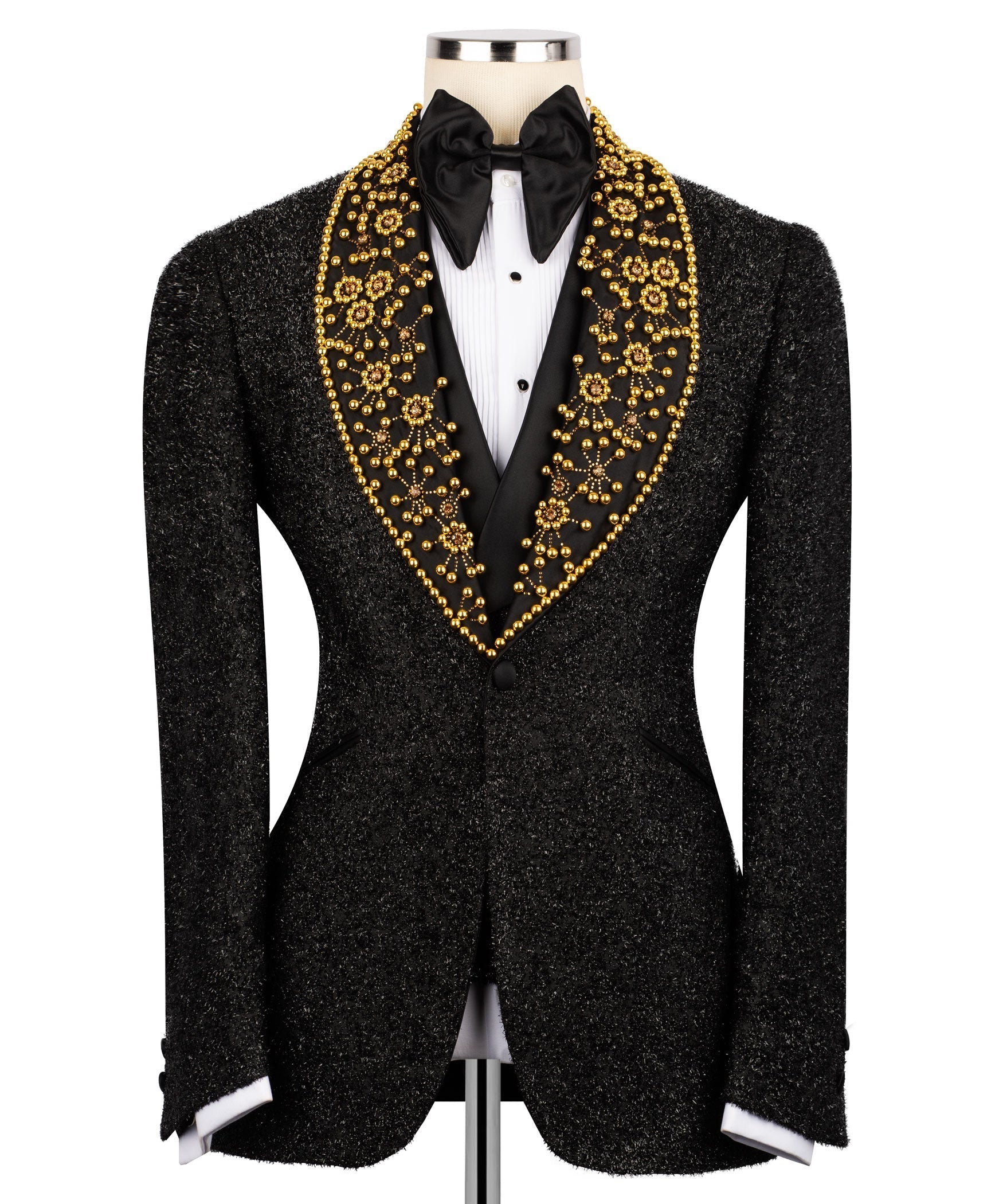 Gem Stone tuxedo jacket front, black glitter fabric with gold bead V-lapel trim