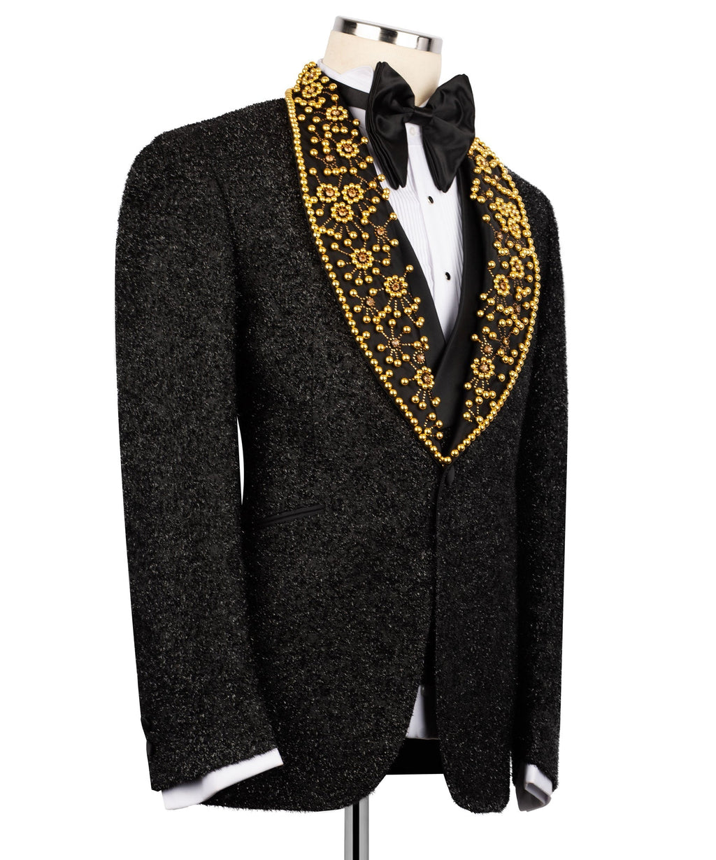 Gem Stone detailed tuxedo jacket, gold bead trim at lapel, white shirt front, black bow