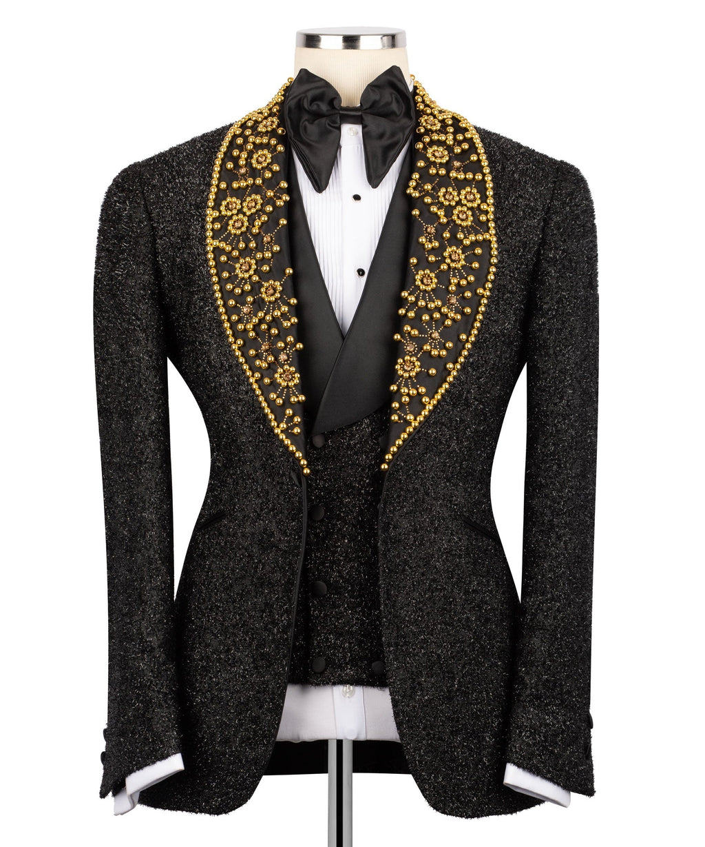 Gem Stone detailed tuxedo jacket, gold bead-embellished satin lapels, black bow tie