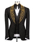 Gem Stone detailed tuxedo jacket, gold bead-embellished satin lapels, black bow tie