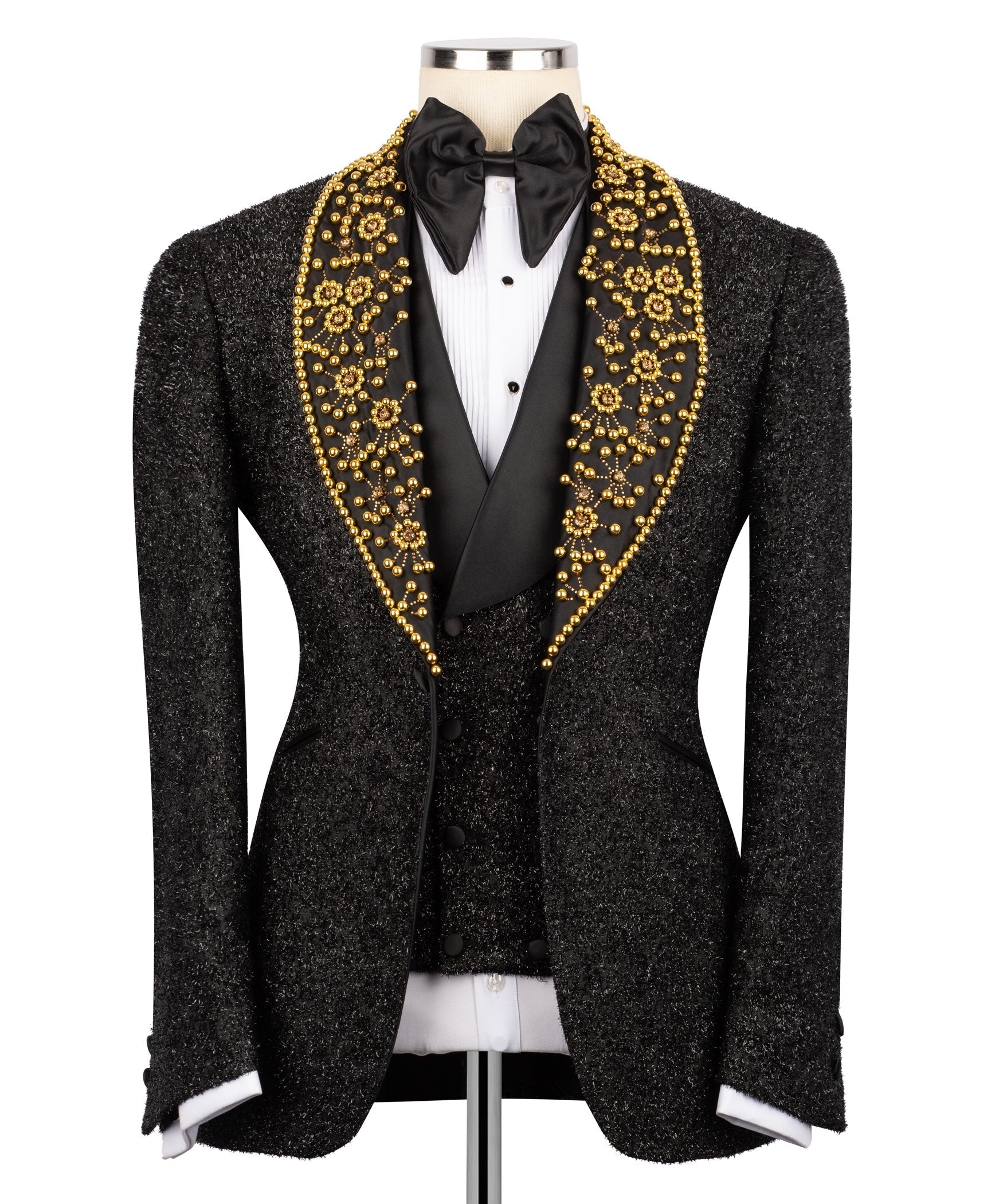 Gem Stone detailed tuxedo jacket, gold bead-embellished satin lapels, black bow tie