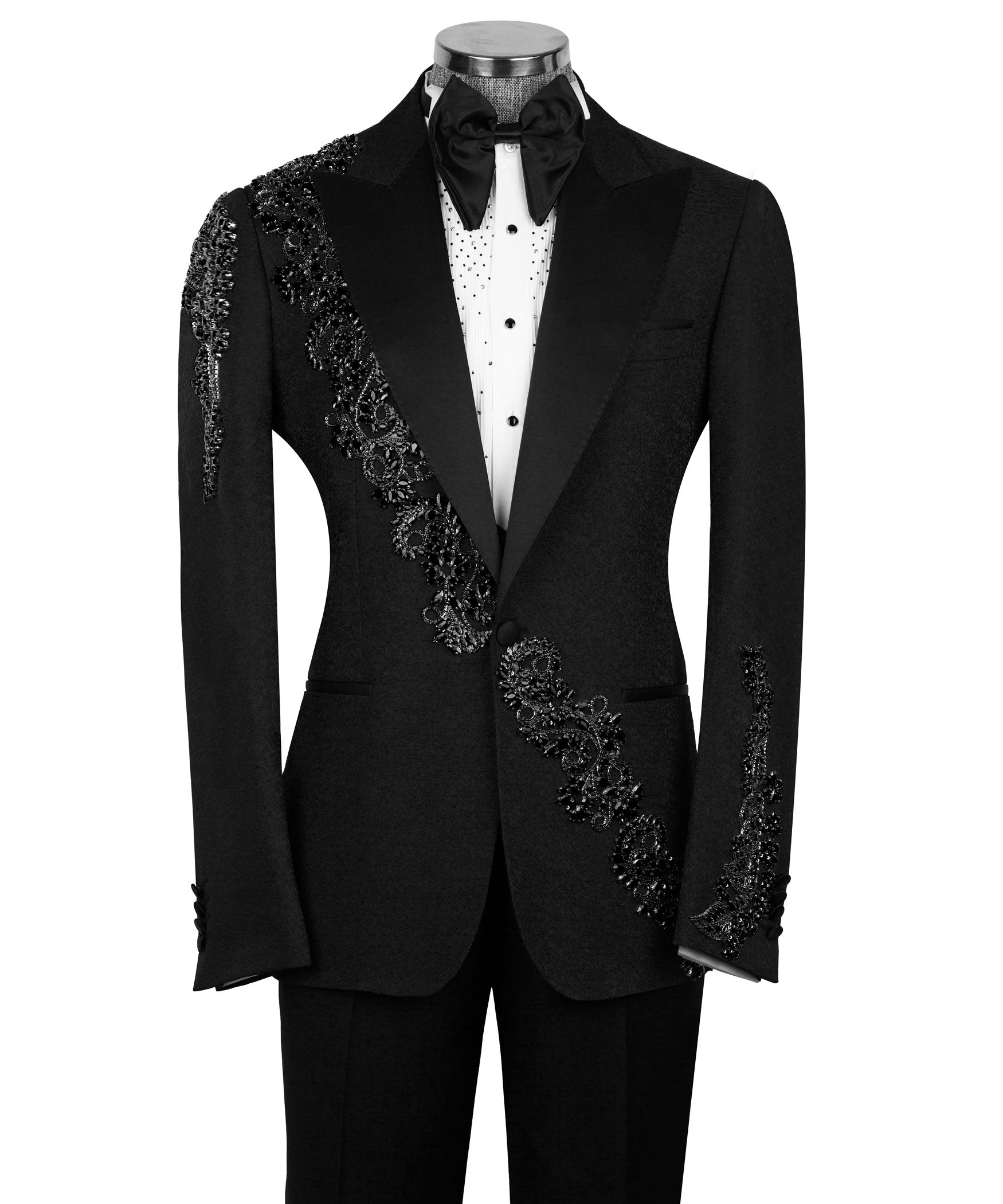 Black tuxedo jacket with stone-embellished lapel and diagonal front panel