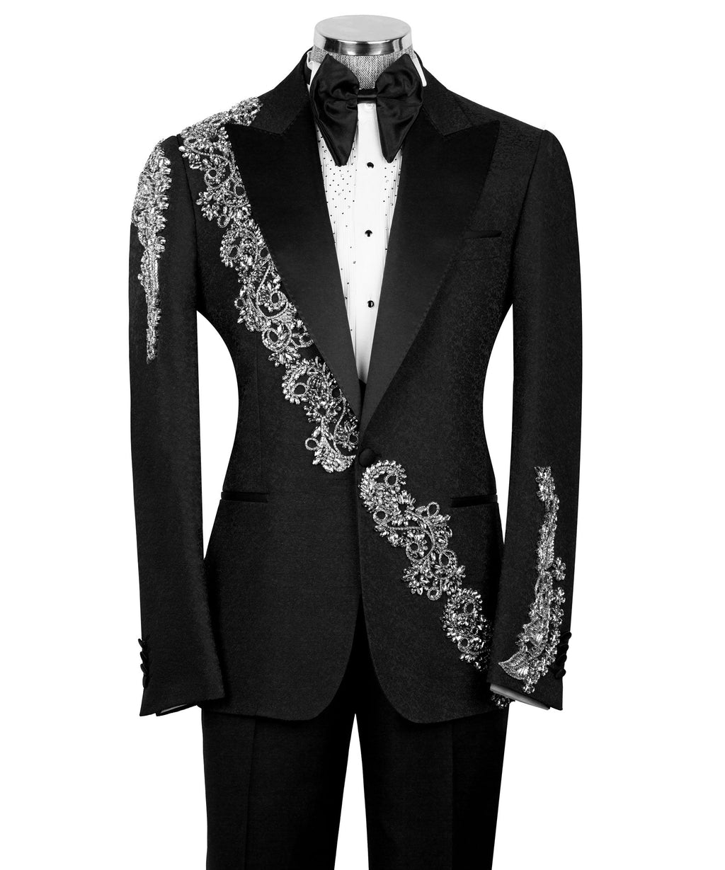 Men's tuxedo suit set, black jacket with silver stone embroidered trim and bow tie