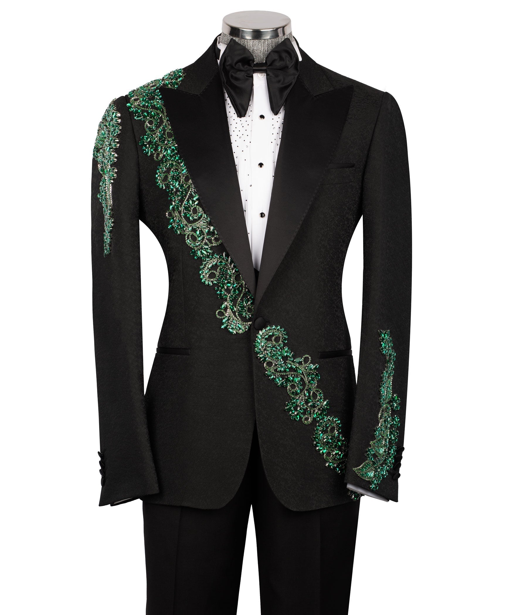Black tuxedo suit set with green stone-embroidered jacket trim, bow tie, vest, shirt front