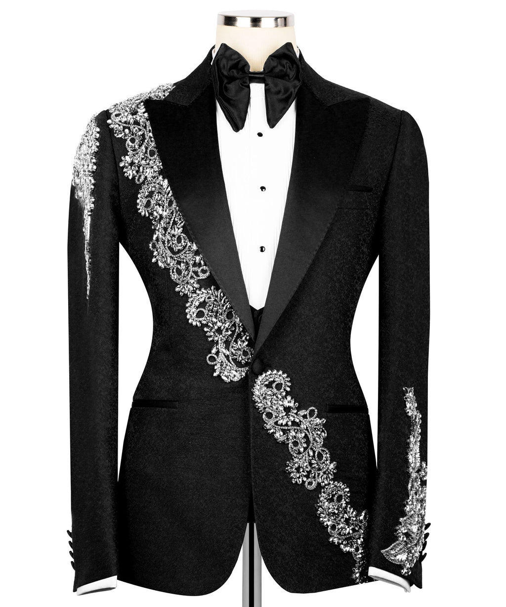 Black tuxedo jacket with silver stone embroidery across lapel and front panels