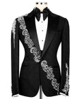 Black tuxedo jacket with silver stone embroidery across lapel and front panels