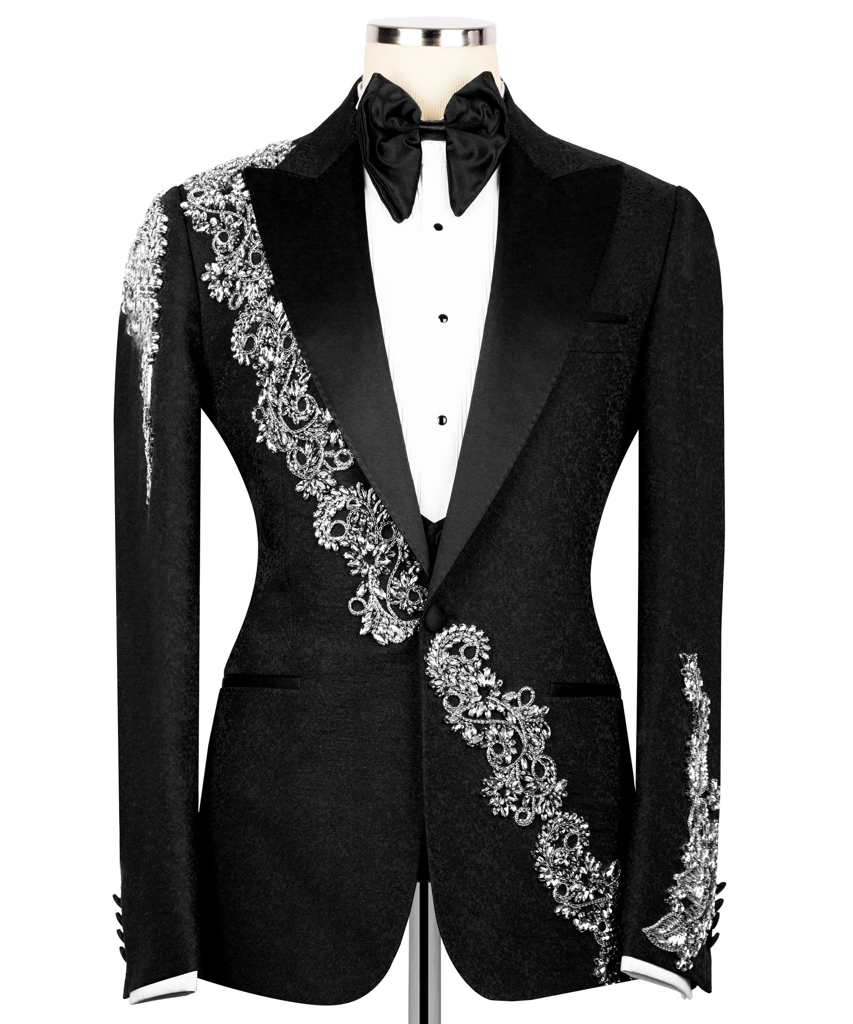 Black tuxedo jacket with silver stone embroidery across lapel and front panels
