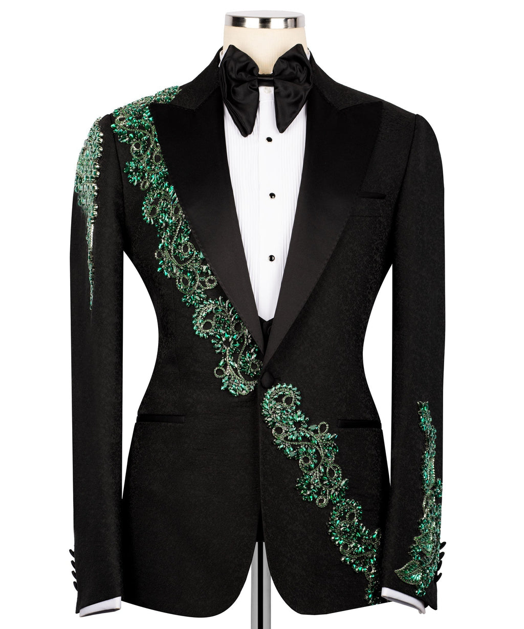 Tuxedo jacket with green stone-embroidered lapel stripe and waist panel, bow tie, vest