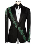 Tuxedo jacket with green stone-embroidered lapel stripe and waist panel, bow tie, vest