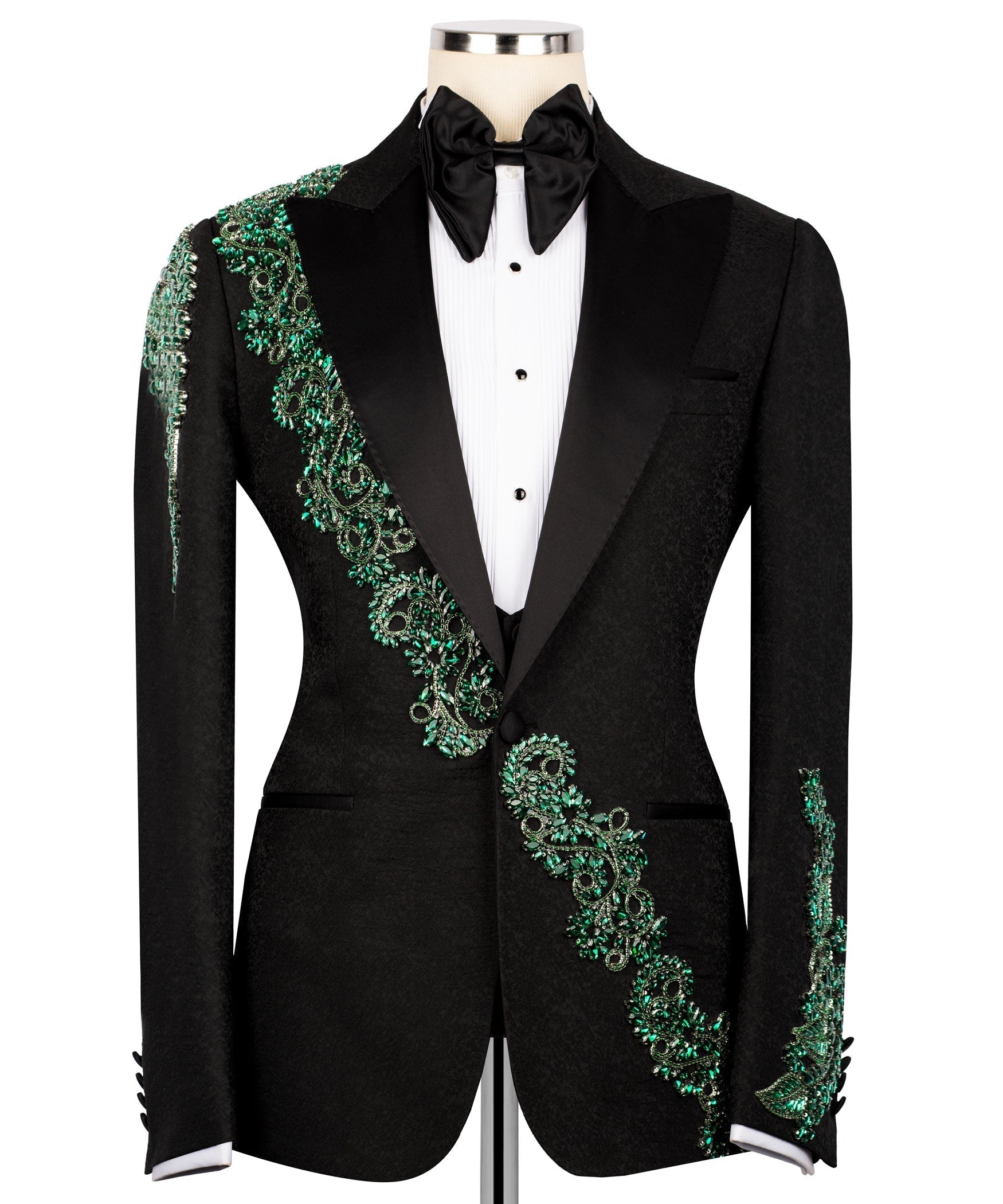 Tuxedo jacket with green stone-embroidered lapel stripe and waist panel, bow tie, vest