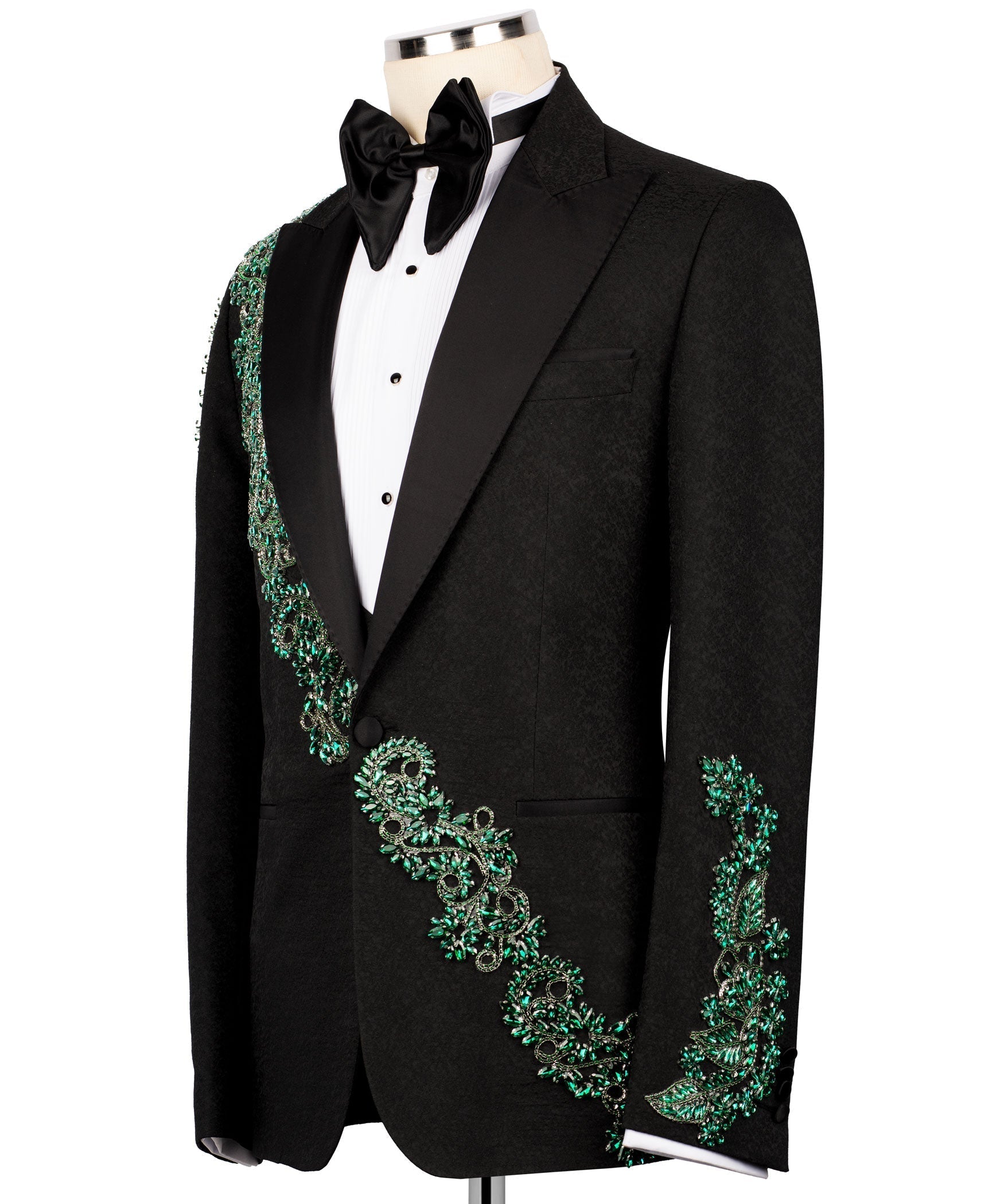 Tuxedo jacket with green stone-embroidered front and sleeve details, bow tie, vest