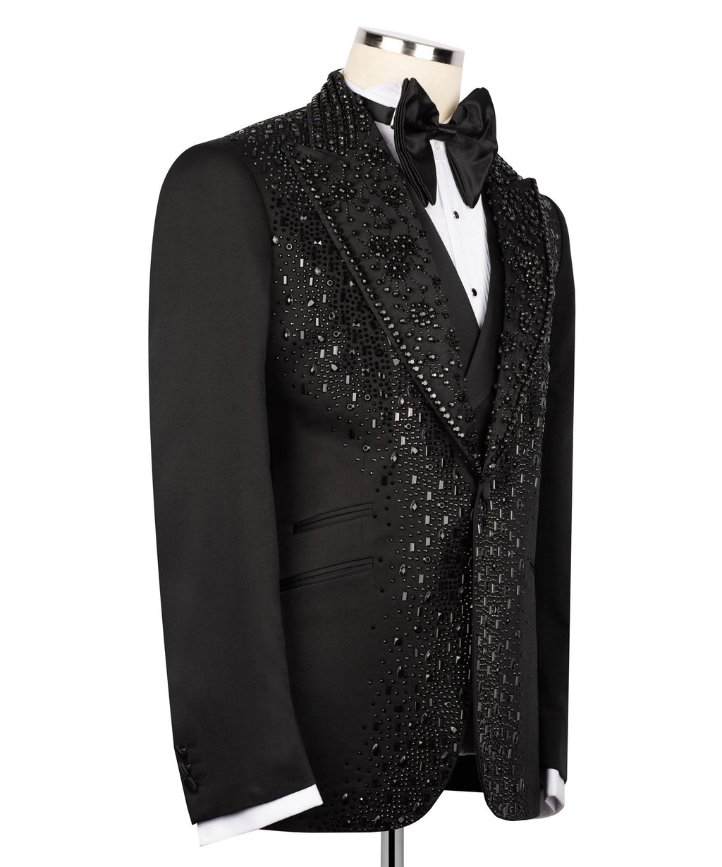 Black tuxedo suit jacket, allover stone sparkle, satin bow tie, white shirt