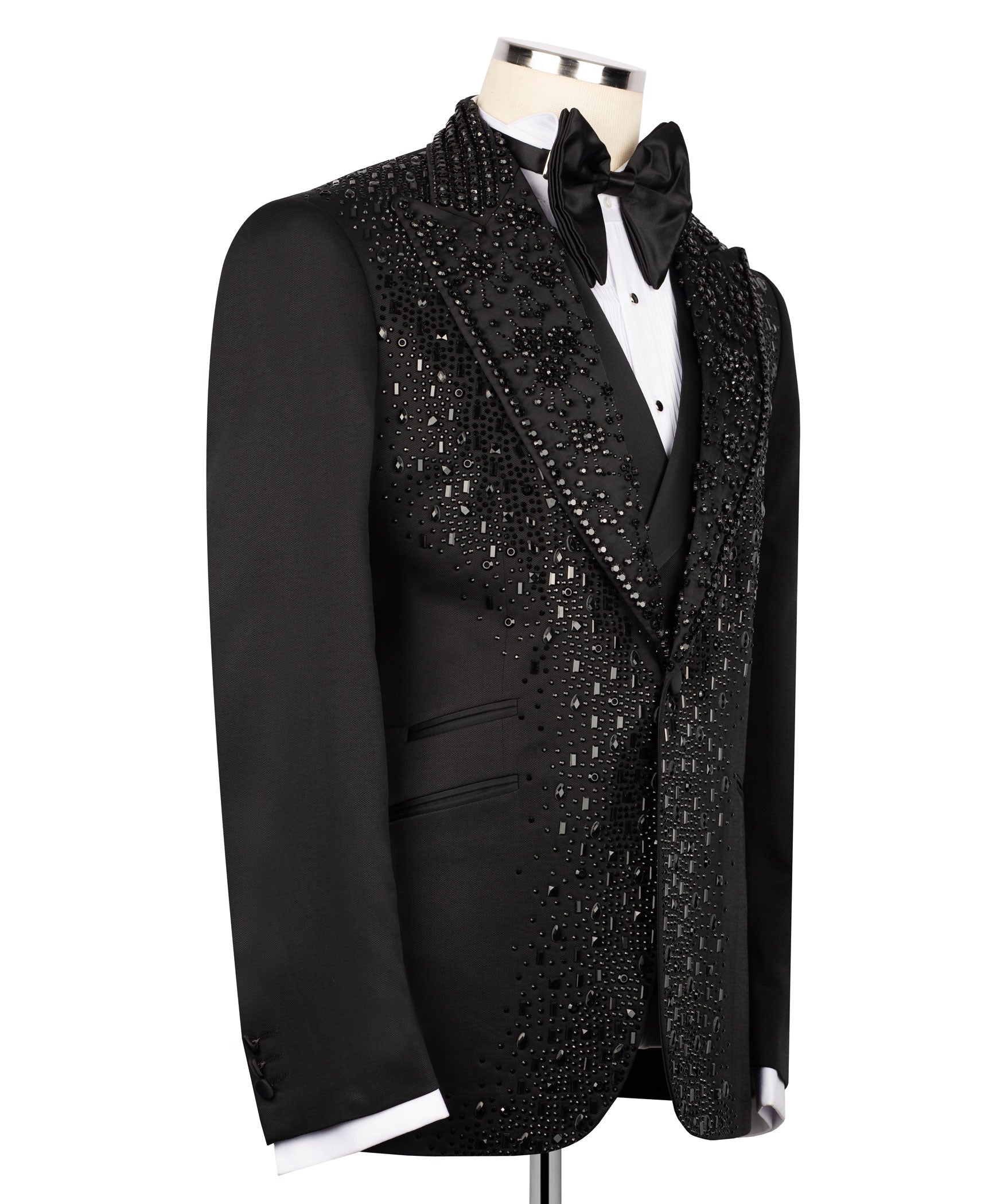 Black tuxedo suit jacket, allover stone sparkle, satin bow tie, white shirt