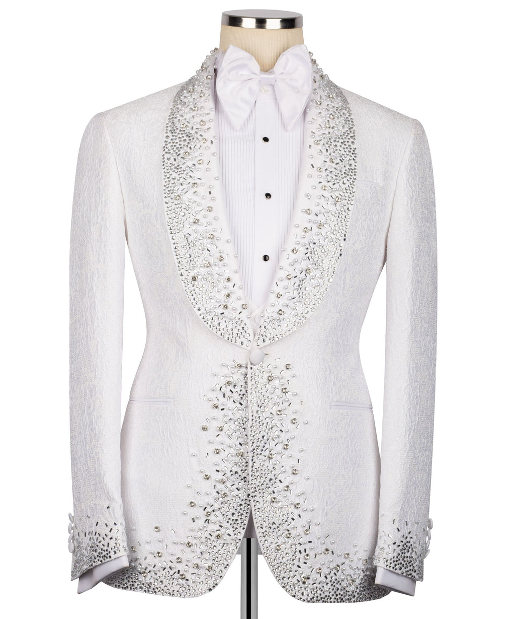 White tuxedo jacket with rhinestone-stitched lapels, center studs, and jeweled waist seam