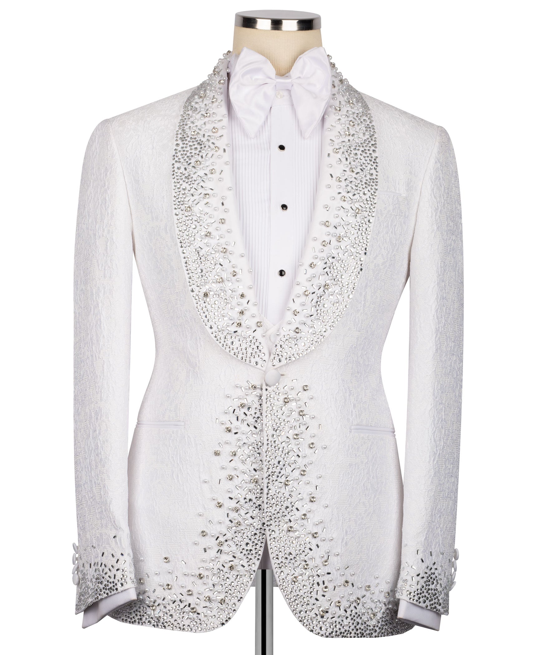 White tuxedo jacket with rhinestone-stitched lapels, center studs, and jeweled waist seam