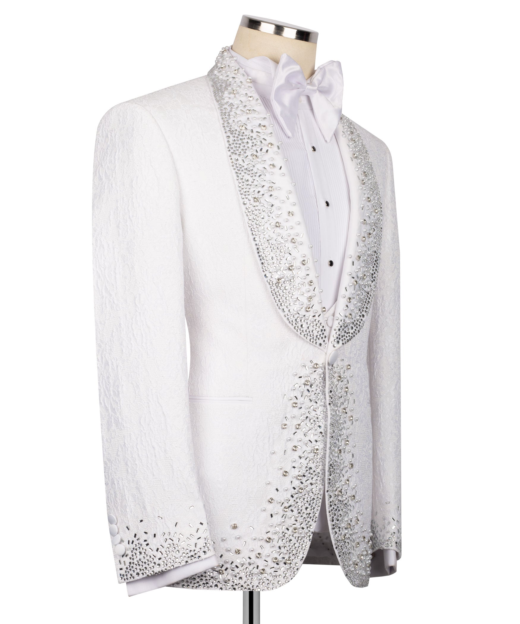 White tuxedo jacket side view with silver rhinestone-stone trim along lapel and sleeves