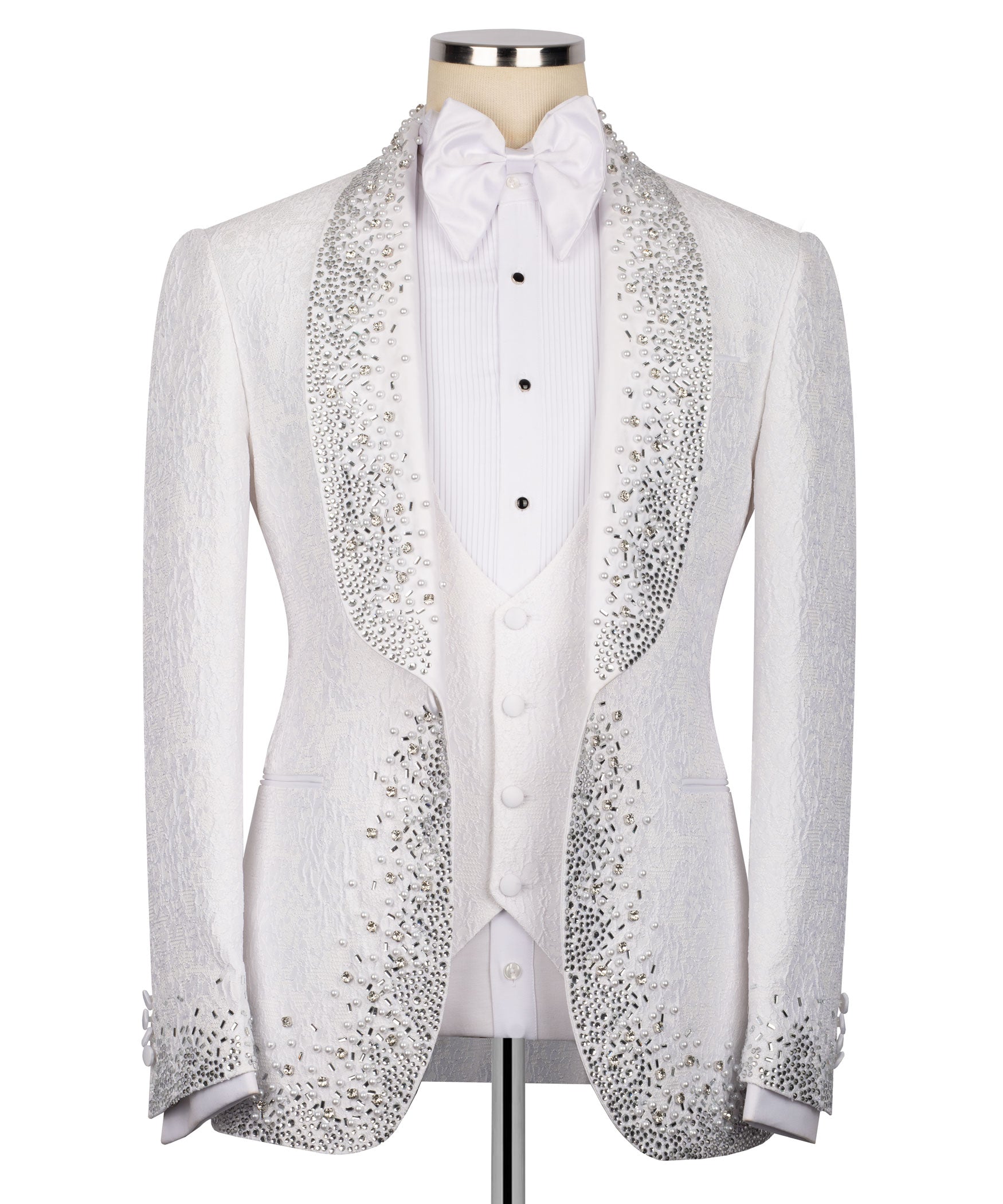 White tuxedo jacket with rhinestone stone-embellished lapels and front vest buttons