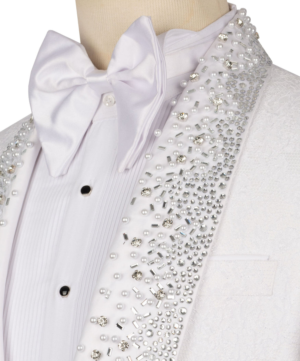 White tuxedo shirt with bow tie and dense pearl, rhinestone, and crystal stonework