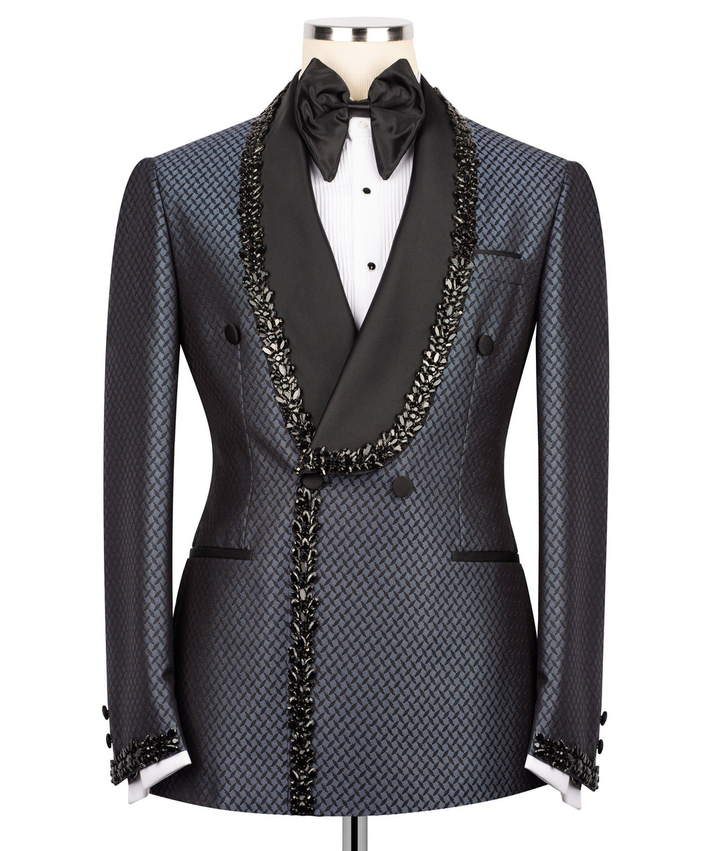 Black tuxedo set: bow tie, white shirt, jeweled trim along lapels and vest front