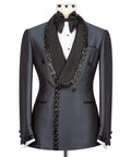Black tuxedo set: bow tie, white shirt, jeweled trim along lapels and vest front