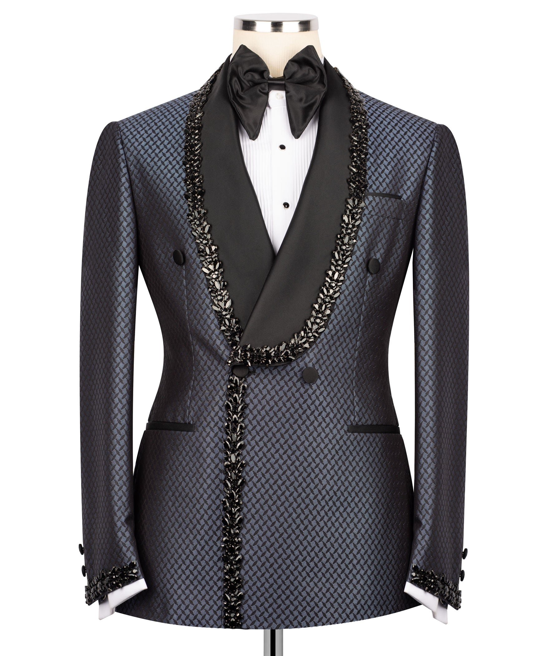 Black tuxedo set: bow tie, white shirt, jeweled trim along lapels and vest front