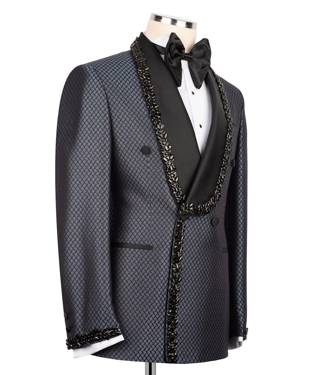 Black tuxedo set in textured fabric with jeweled trim and black bow tie, side view