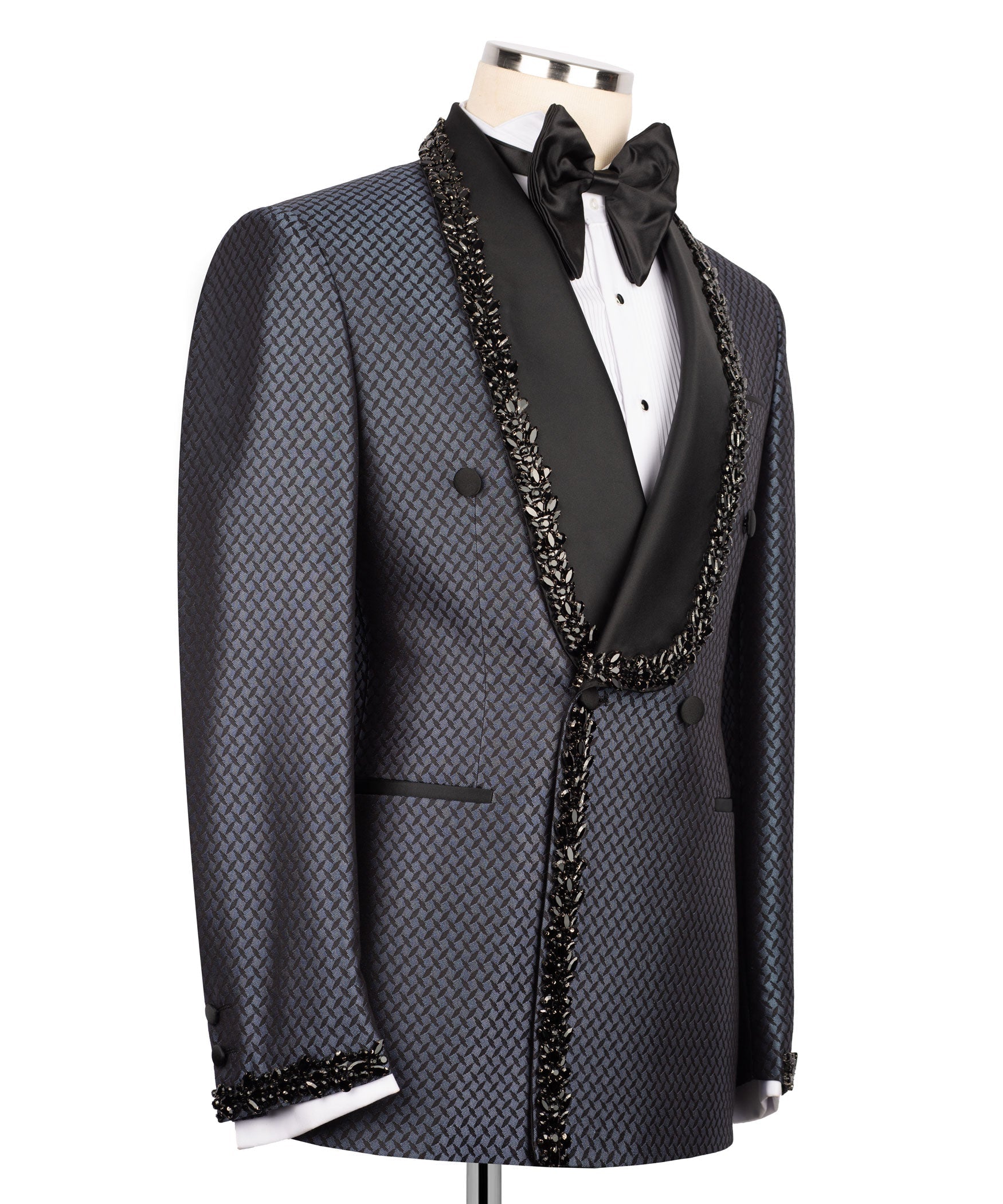 Black tuxedo set in textured fabric with jeweled trim and black bow tie, side view