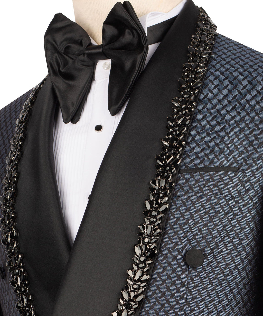 Close-up: black bow tie and satin tux lapels with jeweled stone-embroidery trim