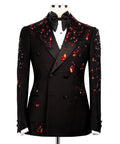 Black tuxedo jacket with red stone embroidery, satin bow tie, notch lapels