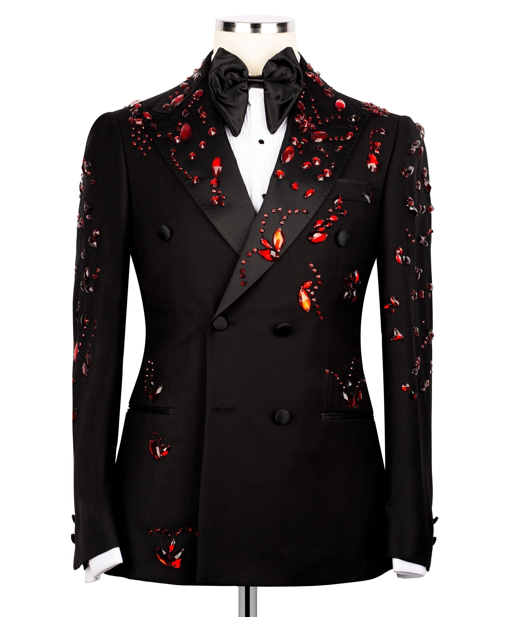 Black tuxedo jacket with red stone embroidery, satin bow tie, notch lapels