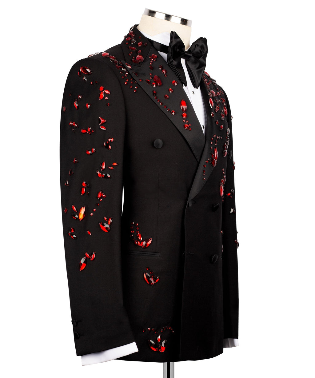 Black tuxedo jacket with red stone embroidery on sleeves and chest, satin bow tie