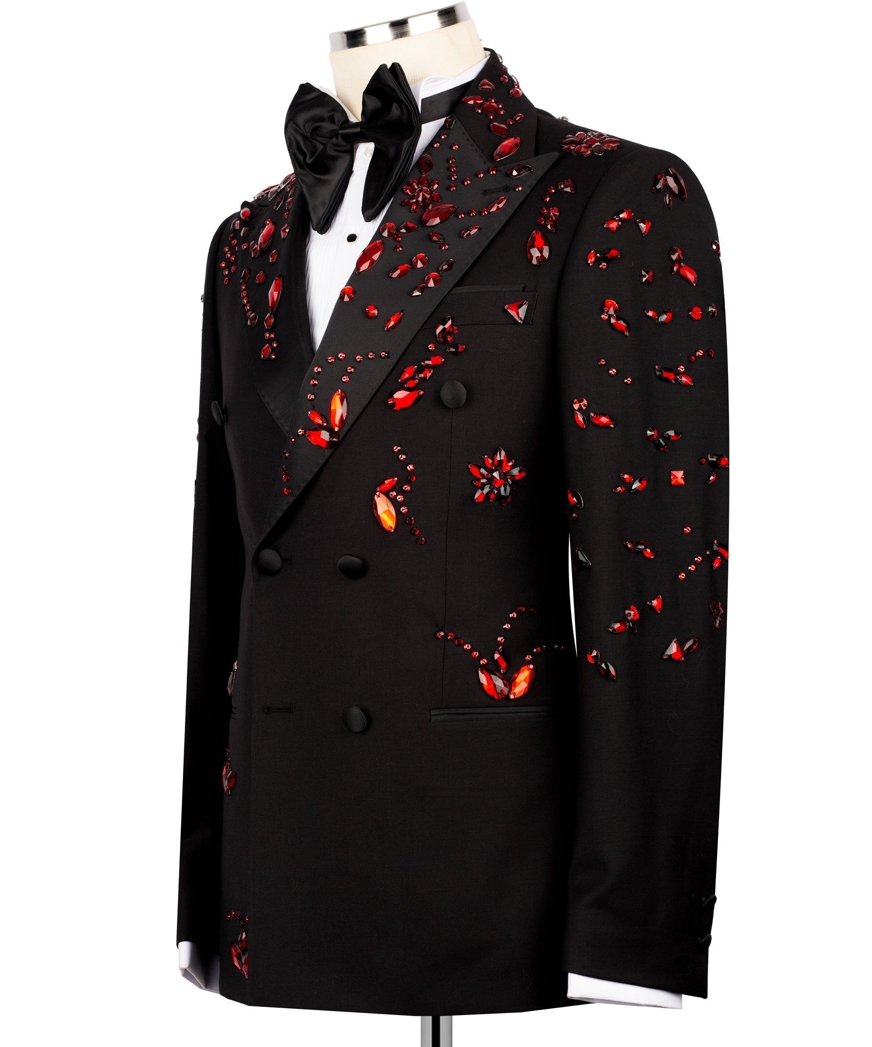 Black tuxedo jacket front view with red stone embroidery accents and satin bow tie