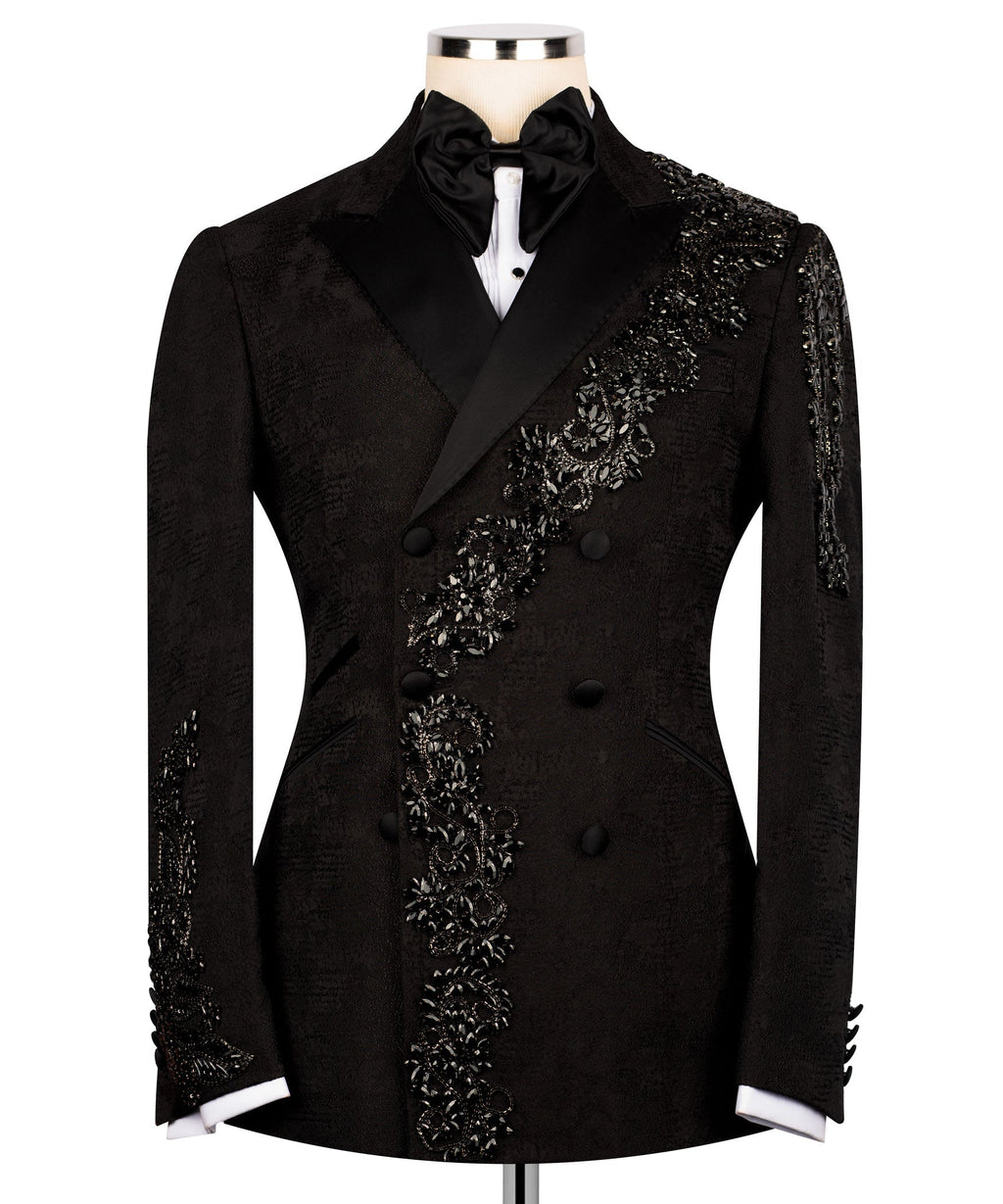 Black tuxedo jacket with jeweled stone-embroidered front and long sleeves