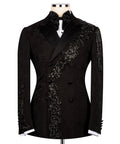 Black tuxedo jacket with jeweled stone-embroidered front and long sleeves