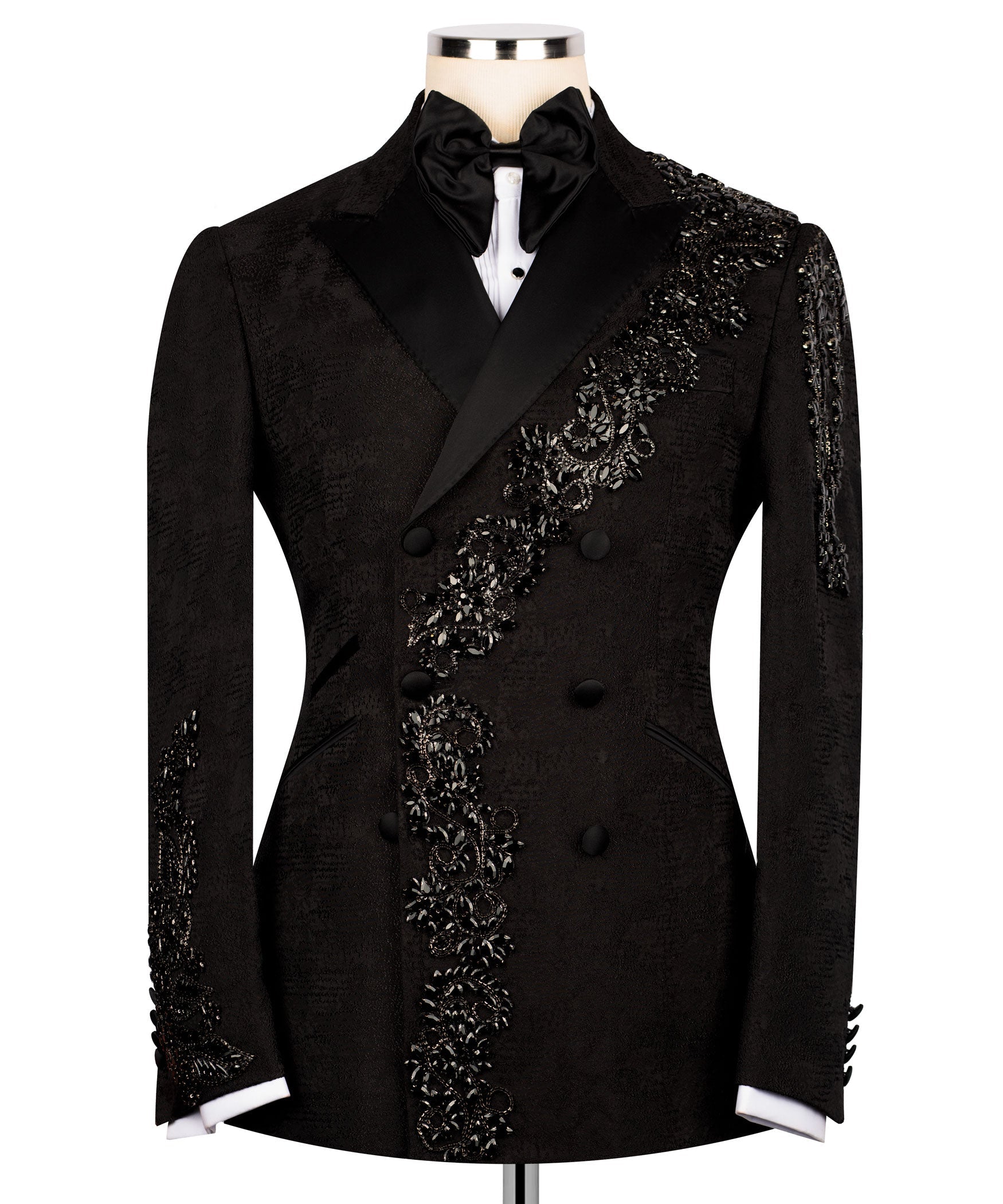 Black tuxedo jacket with jeweled stone-embroidered front and long sleeves