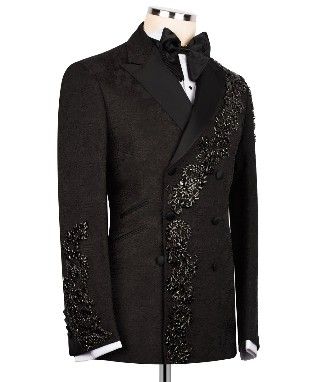 Black formal tuxedo jacket, bow tie and stone-embroidered shoulder and lapel
