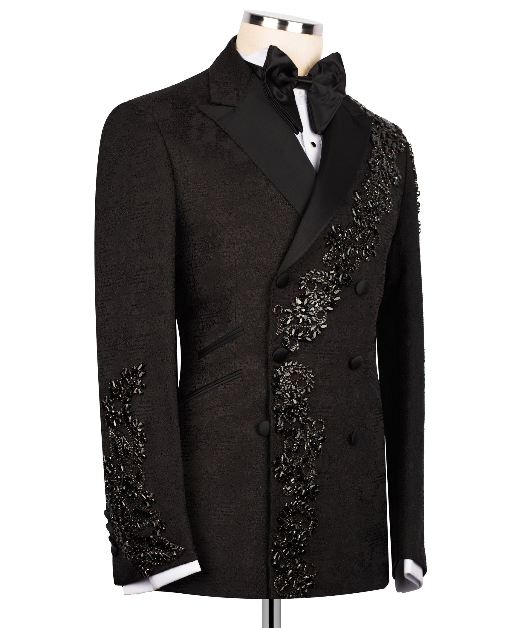 Black formal tuxedo jacket, bow tie and stone-embroidered shoulder and lapel