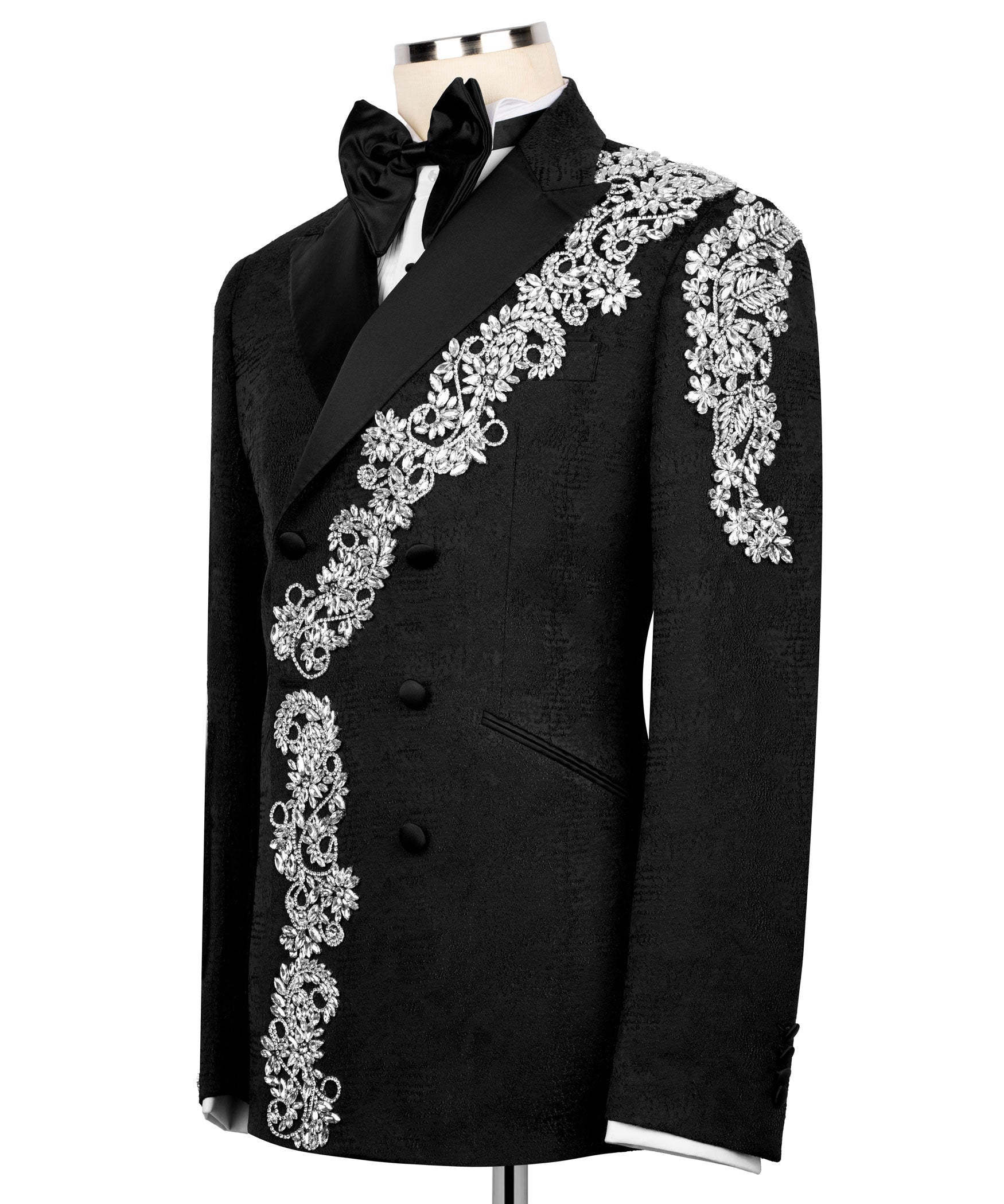 Black tuxedo jacket, other side, ornate silver stone embroidery along lapel and cuffs