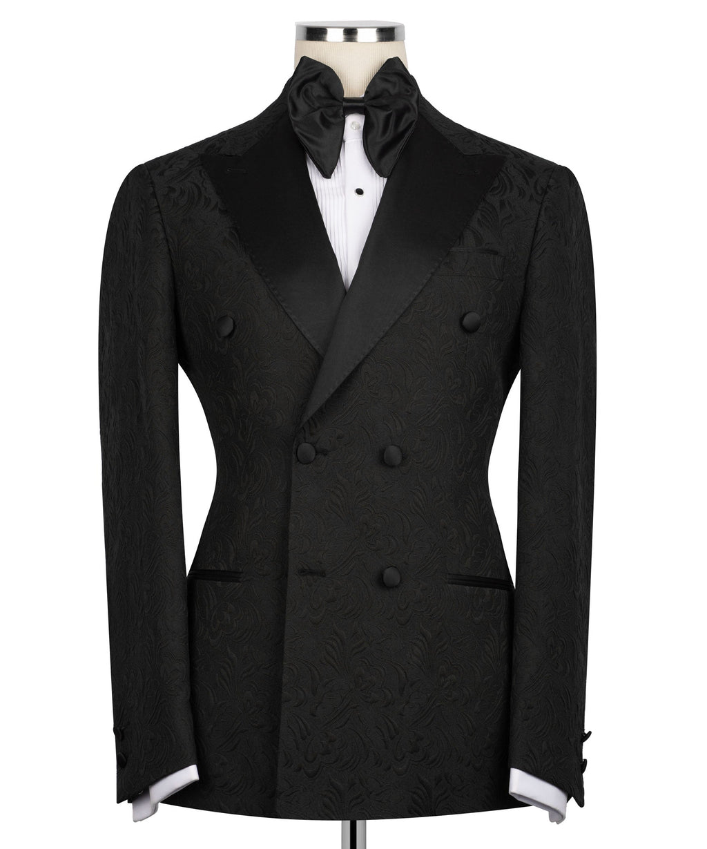 Black double-breasted tuxedo jacket with subtle patterned texture and satin lapels