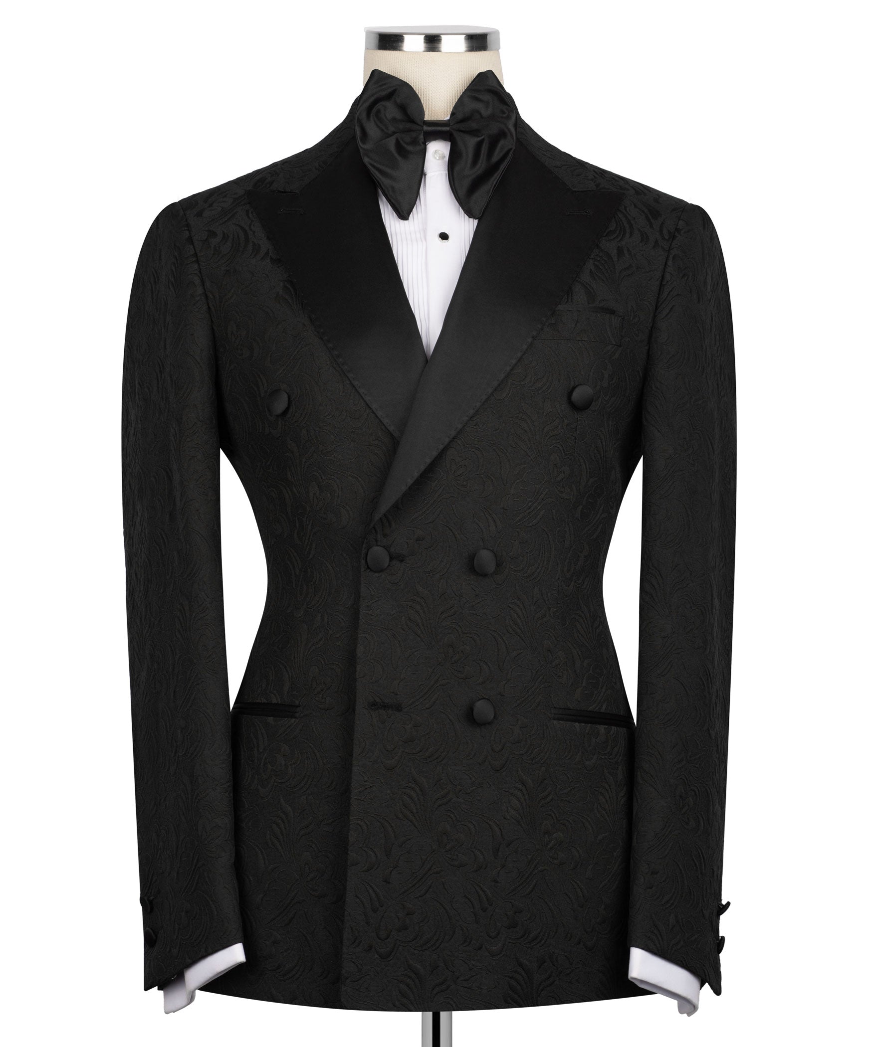 Black double-breasted tuxedo jacket with subtle patterned texture and satin lapels