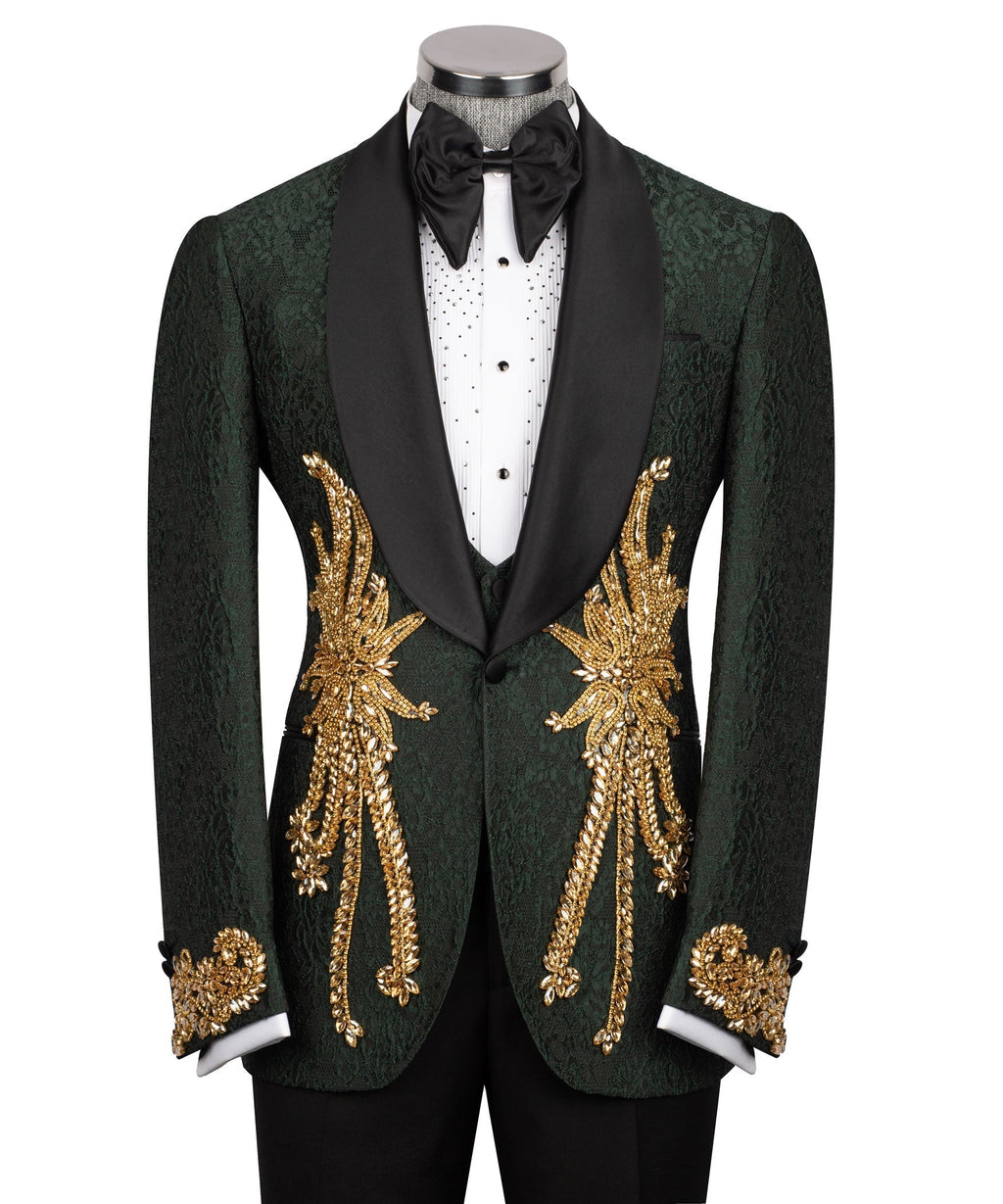 Green tuxedo jacket and vest front with black satin trim and gold stone embroidery; bow tie