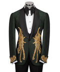 Green tuxedo jacket and vest front with black satin trim and gold stone embroidery; bow tie