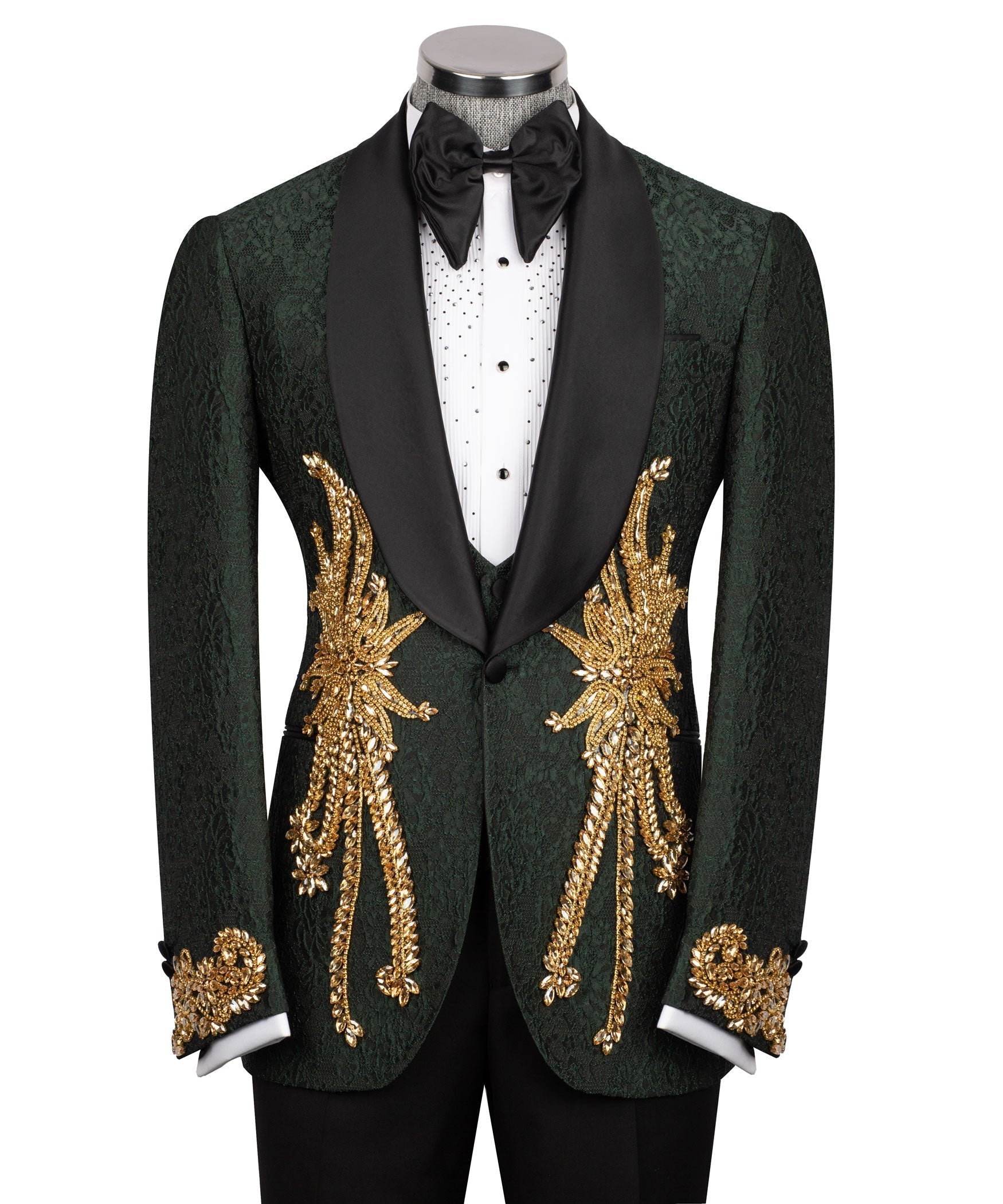 Green tuxedo jacket and vest front with black satin trim and gold stone embroidery; bow tie