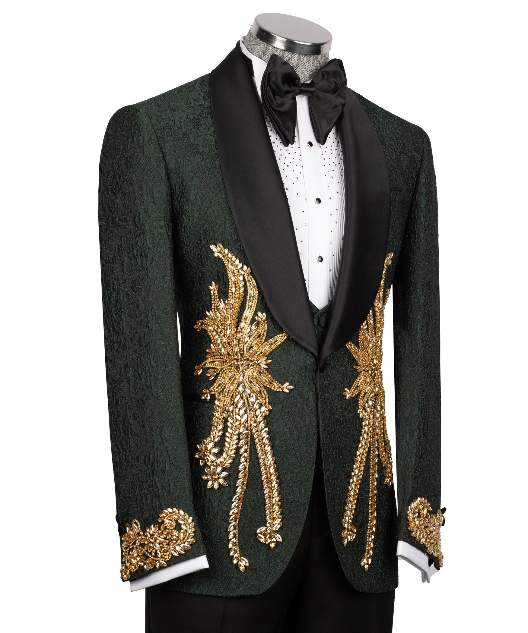 Green tuxedo slim-fit jacket front with black lapels and large gold embroidered accents